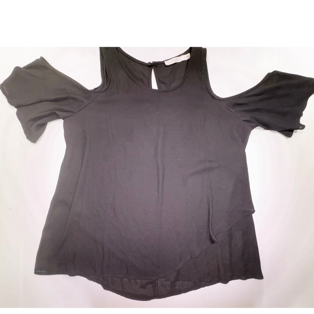 Lush Womens Black Cold Shoulder Layered Flutter Sleeve Keyhole Blouse Small